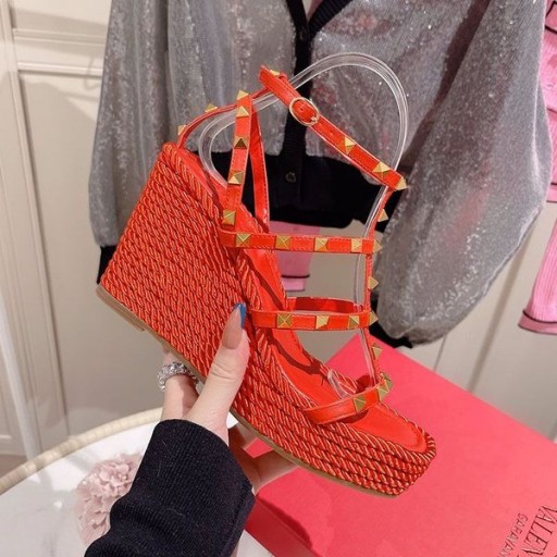 Valentino Rockstud Wedges With Ankle Strap Women Calfskin Red