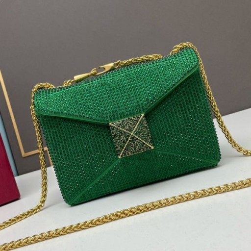 Valentino Small One Stud Crossbody Bag With Chain and Sparkling Crystals In Suede Green