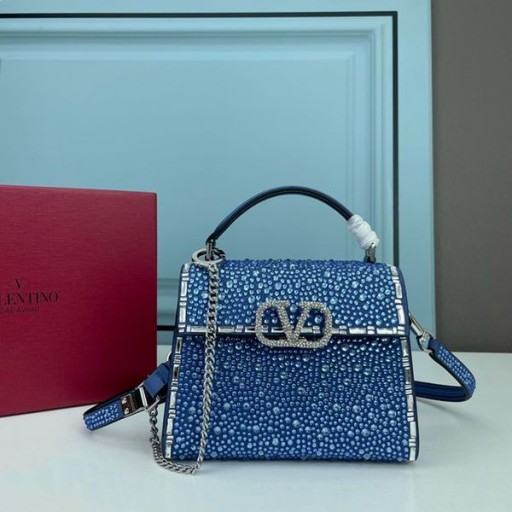 Valentino Mini Vsling Handbag With Sparkling Crystals and Jewel Embroidery In Calfskin Navy Blue