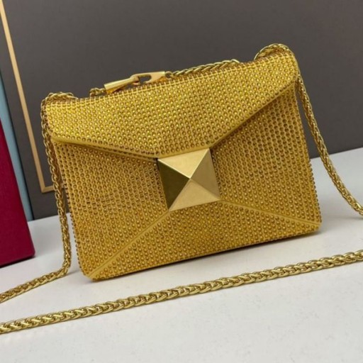 Valentino Small One Stud Crossbody Bag With Chain and Sparkling Crystals In Suede Yellow
