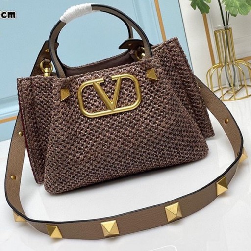 Valentino Small VLogo Signature Shopping Bag With Roman Studs In Synthetic Riffia Coffee