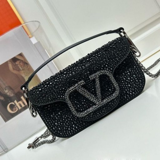 Valentino Loco Shoulder Bag With Sparkling Studs In Suede Black