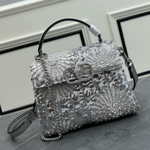 Valentino Mini Vsling Handbag With Floral 3D Embroidery and Pearl Crystals In Calfskin Silver