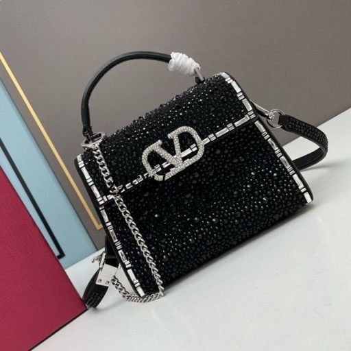 Valentino Mini Vsling Handbag With Sparkling Studs and Jewel Embroidery In Suede Black