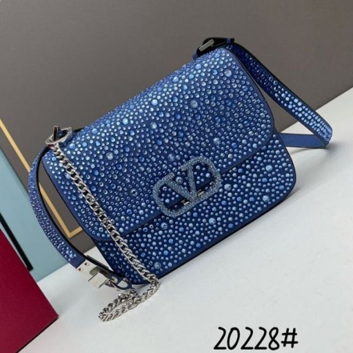 Valentino Small Vsling Crossbody Bag With Sparkling Crystals In Suede Navy Blue