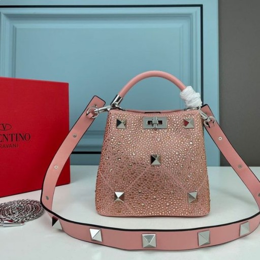 Valentino Mini Roman Stud Handbag With Sparkling Crystals In Nappa Leather Cherry