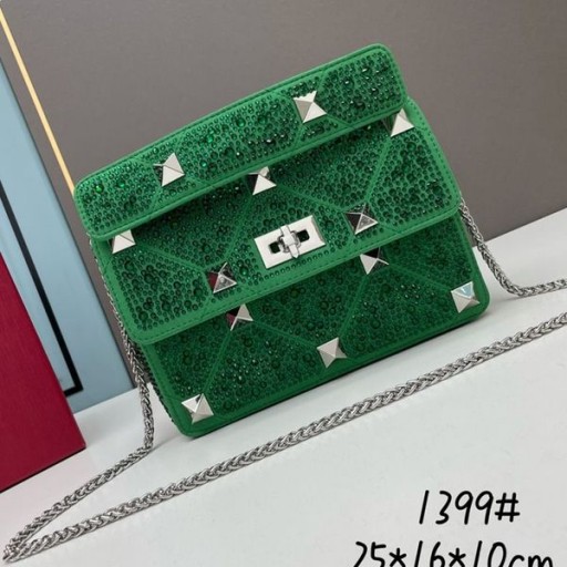 Valentino Medium Roman Stud Shoulder Bag With Chain and Sparkling Crystals In Suede Green