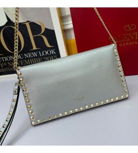 Valentino Large Rockstud Wristlet Clutch With Chain In Calfskin Silver
