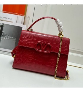 Valentino Small Vsling Handbag In Crocodile Leather Red