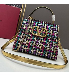 Valentino Small Vsling Handbag In Stripe Woven Calfskin Multicolor