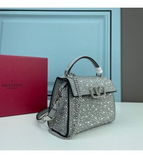 Valentino Mini Vsling Handbag With Sparkling Crystals In Calfskin Grey