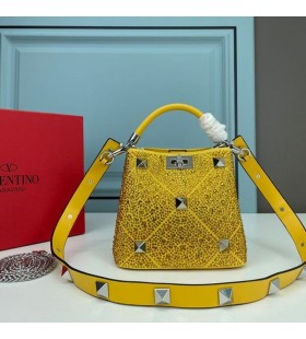Valentino Mini Roman Stud Handbag With Sparkling Crystals In Nappa Leather Yellow