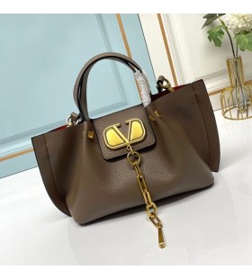 Valentino Small VLogo Escape Tote In Grained Calfskin Coffee