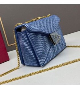 Valentino Small One Stud Crossbody Bag With Chain and Sparkling Crystals In Suede Navy Blue