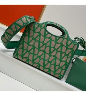Valentino Small Le Troisieme Shopping Bag In Toile Iconographe Fabric Green