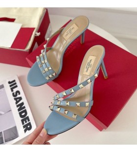 Valentino Rockstud Heeled Slides With Asymmetric-Straps Women Calfskin Sky Blue