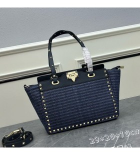 Valentino Small Rockstud Tote In Riffia Navy Blue