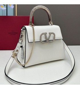 Valentino Small Vsling Handbag With Crocodile Leather and Jewel Embroidery In Calfskin White