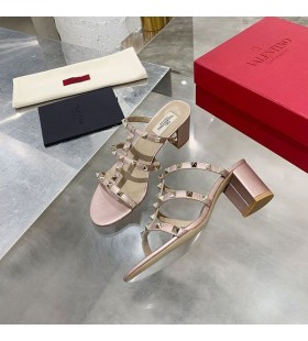 Valentino Rockstud Thick-Heeled Slides Women Calfskin Rose Gold