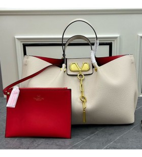 Valentino Large VLogo Escape Tote In Grained Calfskin Beige
