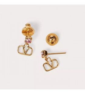 Valentino Mini VLogo Signature Drop Earrings In Metal With Diamonds Gold/Pink