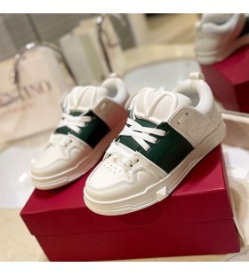 Valentino Open Skate Sneakers With VLogo Unisex Calfskin and Fabric White/Dark Green