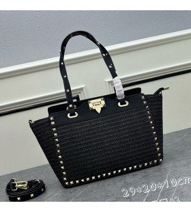 Valentino Small Rockstud Tote In Riffia Black