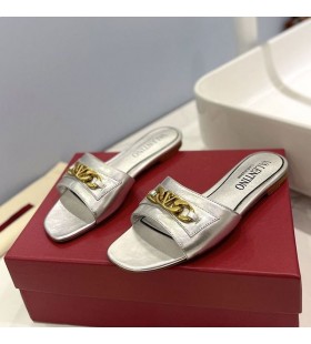 Valentino VLogo Chain Slides Women Calfskin Silver