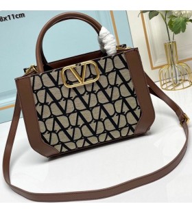 Valentino Small Shopping Bag In Toile Iconographe Fabric Coffee/Beige