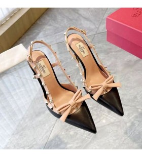 Valentino Rockstud Bow Slingback Pumps Women Calfskin Black/Apricot