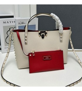 Valentino Small Rockstud Tote With Interior Pouch In Grainy Calfskin White