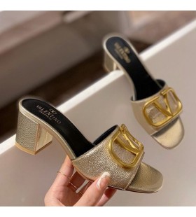 Valentino VLogo Signature Thick-Heeled Slides Women Grainy Calfskin Gold