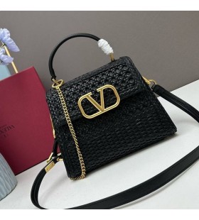 Valentino Small Vsling Handbag In Woven Calfskin Black