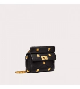 Valentino Small Roman Stud Shoulder Bag In Nappa Leather Black/Gold