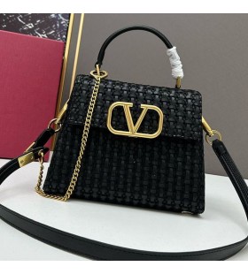 Valentino Small Vsling Handbag In Stripe Woven Calfskin Black