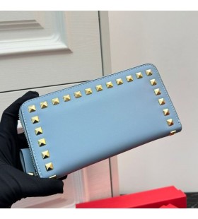 Valentino Large Rockstud Zippered Wallet In Calfskin Sky Blue