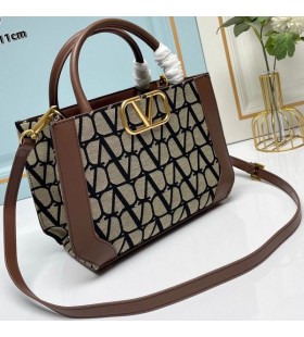 Valentino Small Shopping Bag In Toile Iconographe Fabric Coffee/Beige