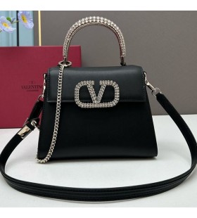 Valentino Small Vsling Handbag With Crocodile Leather and Jewel Embroidery In Calfskin Black