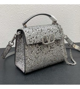 Valentino Mini Vsling Handbag With Sparkling Studs and Crystals In Suede Grey/White
