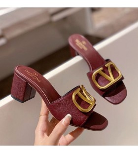 Valentino VLogo Signature Thick-Heeled Slides Women Grainy Calfskin Burgundy