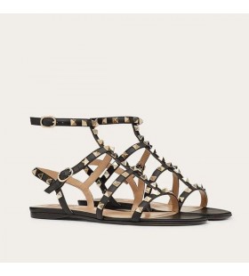 Valentino Rockstud Flat Sandals With Ankle Strap Women Calfskin Black