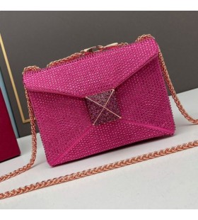 Valentino Small One Stud Crossbody Bag With Chain and Sparkling Crystals In Suede Rose