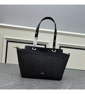 Valentino Small Rockstud Tote In Riffia Black
