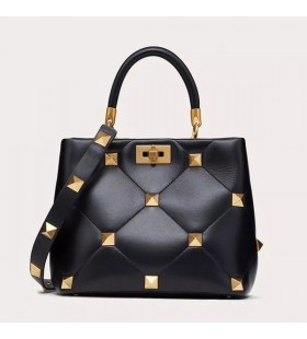 Valentino Meidum Roman Stud Handbag In Nappa Leather Black/Gold