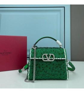 Valentino Mini Vsling Handbag With Sparkling Crystals and Jewel Embroidery In Calfskin Green