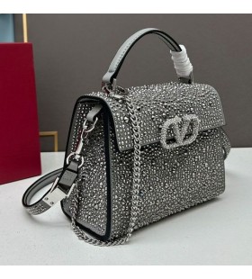 Valentino Mini Vsling Handbag With Sparkling Studs and Crystals In Suede Grey