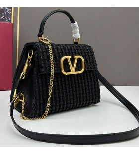 Valentino Small Vsling Handbag In Stripe Woven Calfskin Black