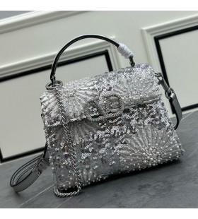 Valentino Mini Vsling Handbag With Floral 3D Embroidery and Pearl Crystals In Calfskin Silver