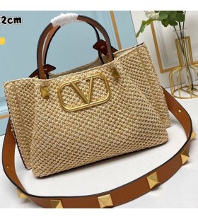Valentino Small VLogo Signature Shopping Bag With Roman Studs In Synthetic Riffia Beige