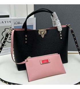 Valentino Small Rockstud Tote With Interior Pouch In Grainy Calfskin Black